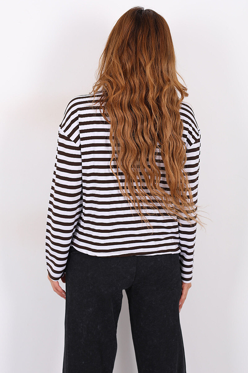 Çizgili Baskı Detaylı Acı Kahve Kadın İki İp Sweatshirt - 4