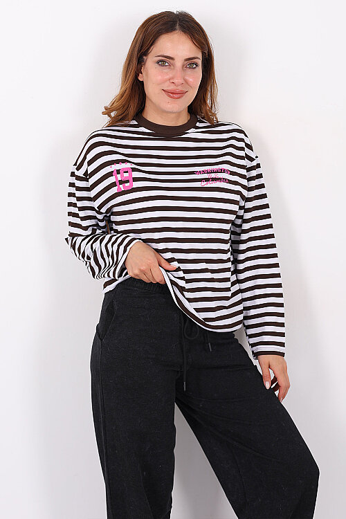 Çizgili Baskı Detaylı Acı Kahve Kadın İki İp Sweatshirt - 3