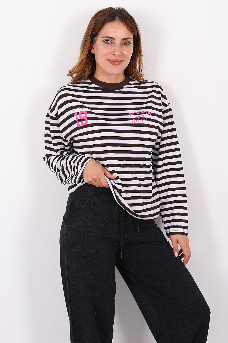 Çizgili Baskı Detaylı Acı Kahve Kadın İki İp Sweatshirt - 3
