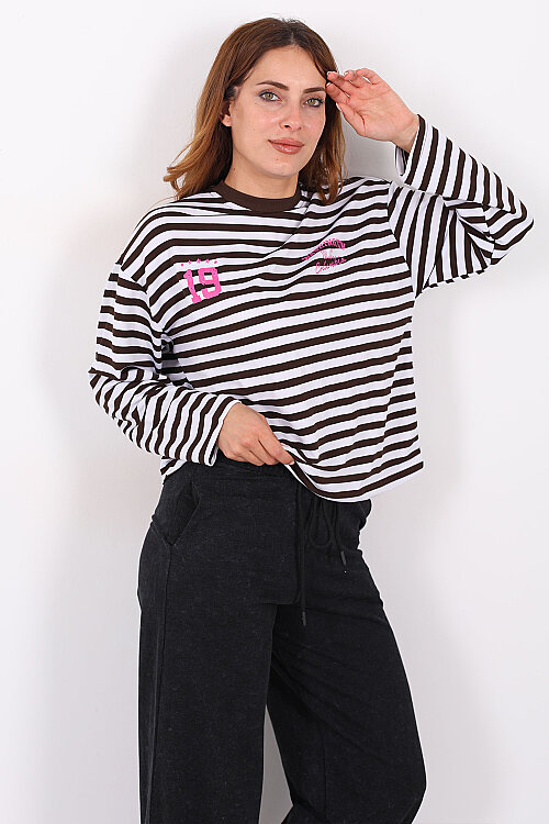 Çizgili Baskı Detaylı Acı Kahve Kadın İki İp Sweatshirt - Berox