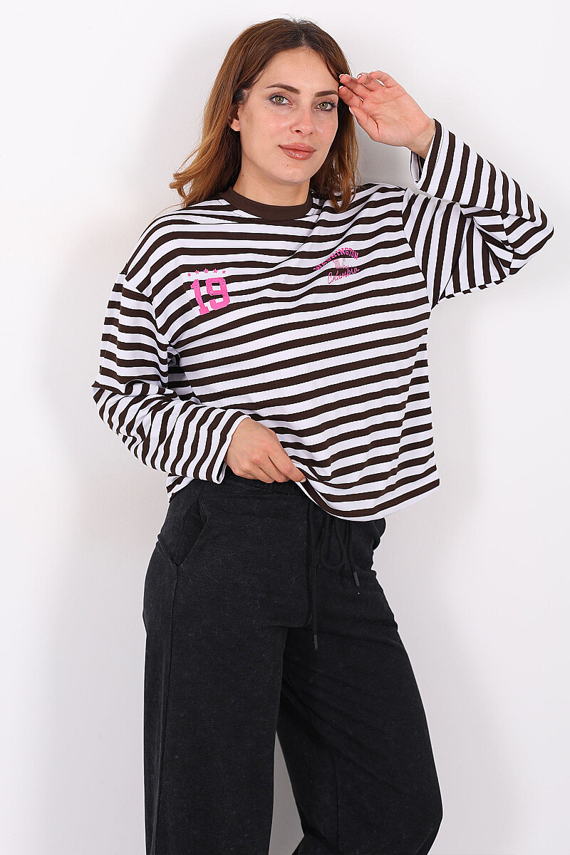 Çizgili Baskı Detaylı Acı Kahve Kadın İki İp Sweatshirt - 1