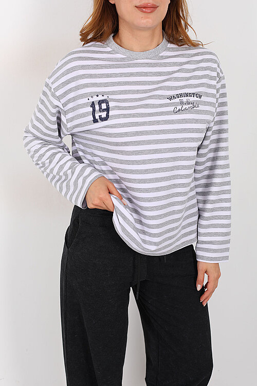 Çizgili Baskı Detaylı Gri Kadın İki İp Sweatshirt - Berox (1)