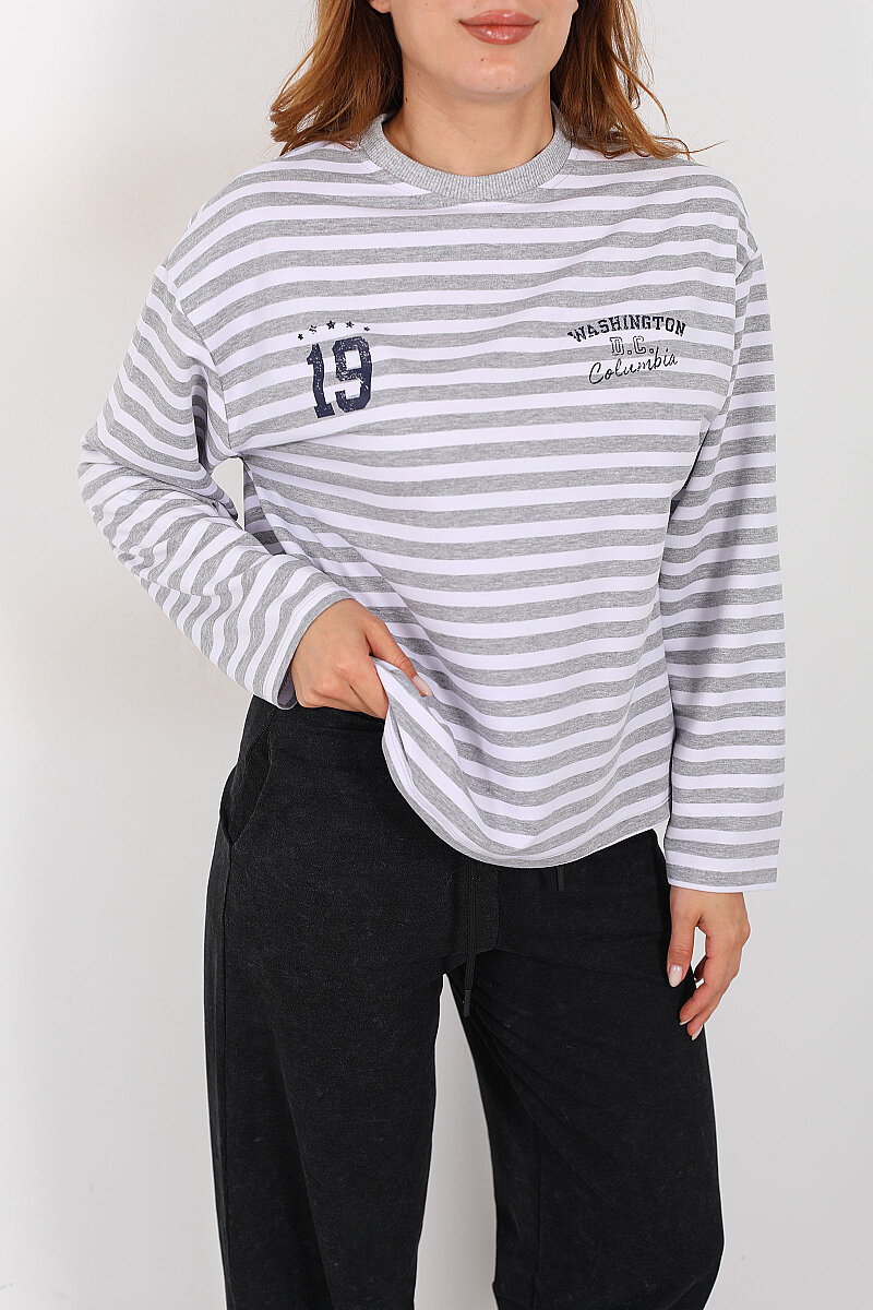 Çizgili Baskı Detaylı Gri Kadın İki İp Sweatshirt - 2