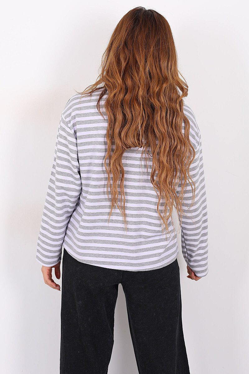 Çizgili Baskı Detaylı Gri Kadın İki İp Sweatshirt - 5