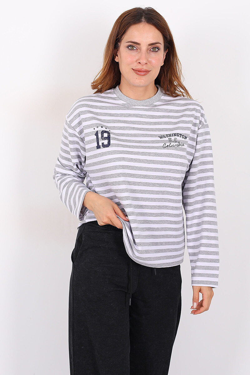 Çizgili Baskı Detaylı Gri Kadın İki İp Sweatshirt - 6