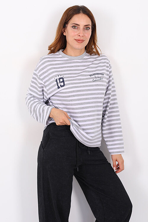Çizgili Baskı Detaylı Gri Kadın İki İp Sweatshirt - Berox
