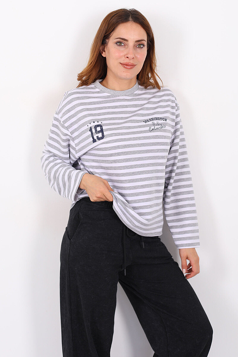 Çizgili Baskı Detaylı Gri Kadın İki İp Sweatshirt - 1