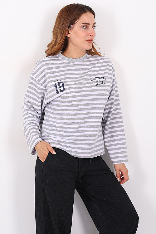 Çizgili Baskı Detaylı Gri Kadın İki İp Sweatshirt - 4