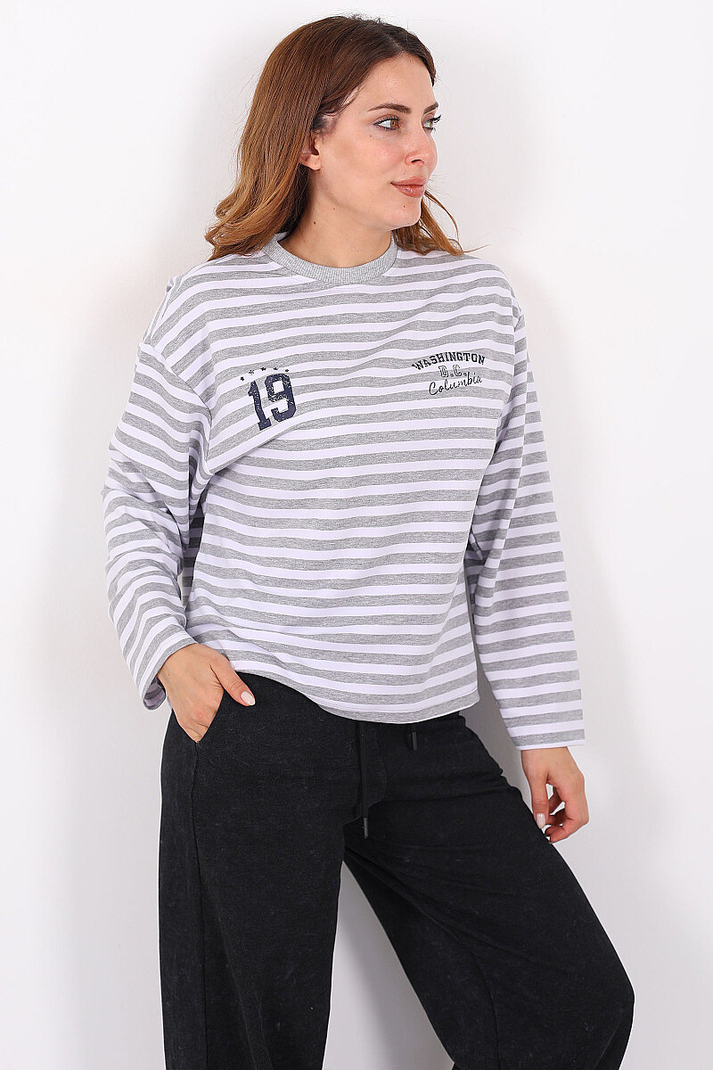 Çizgili Baskı Detaylı Gri Kadın İki İp Sweatshirt - 4