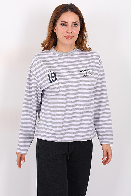 Çizgili Baskı Detaylı Gri Kadın İki İp Sweatshirt - 3