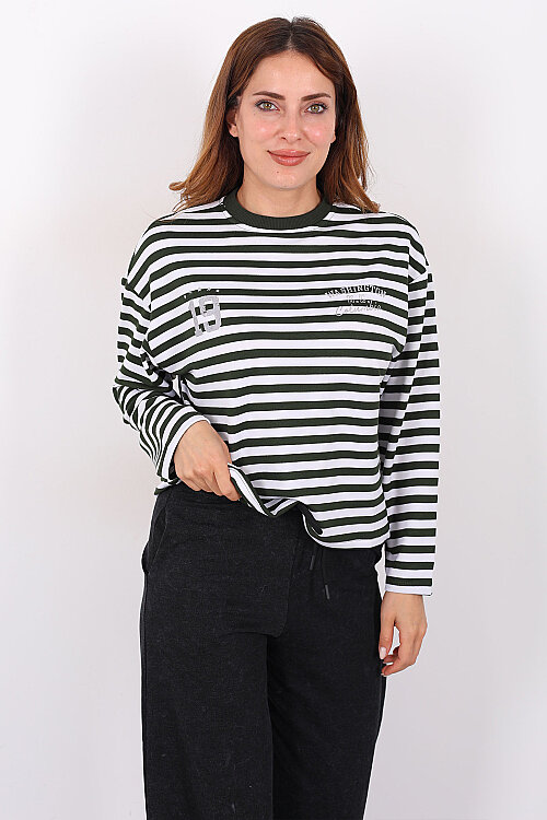 Çizgili Baskı Detaylı Haki Kadın İki İp Sweatshirt - 5