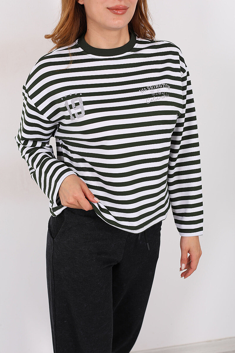 Çizgili Baskı Detaylı Haki Kadın İki İp Sweatshirt - 2