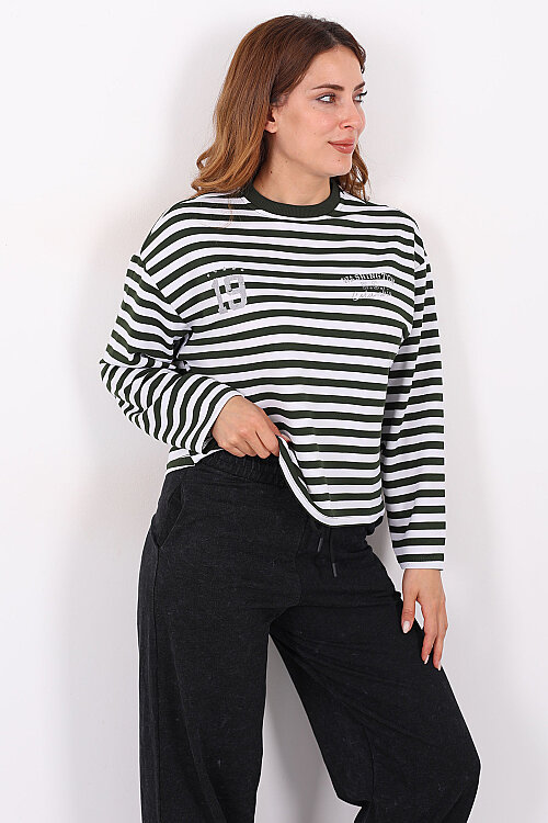Çizgili Baskı Detaylı Haki Kadın İki İp Sweatshirt - 3