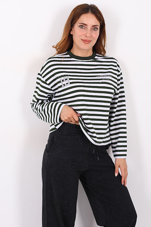 Çizgili Baskı Detaylı Haki Kadın İki İp Sweatshirt - Berox