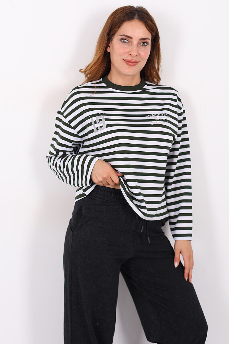Çizgili Baskı Detaylı Haki Kadın İki İp Sweatshirt - 1