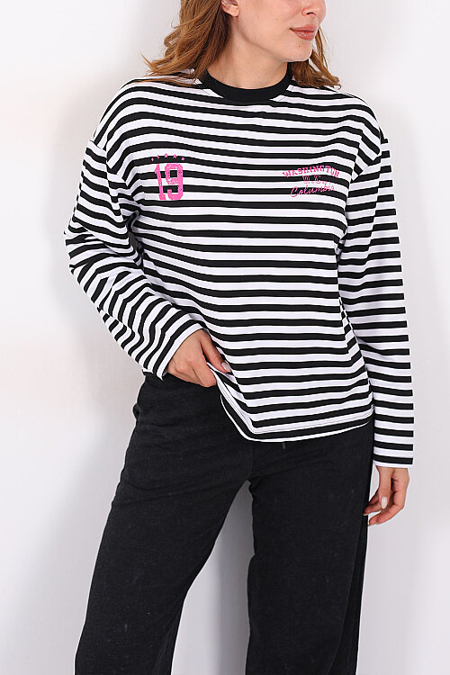 Çizgili Baskı Detaylı Siyah Kadın İki İp Sweatshirt - Berox (1)
