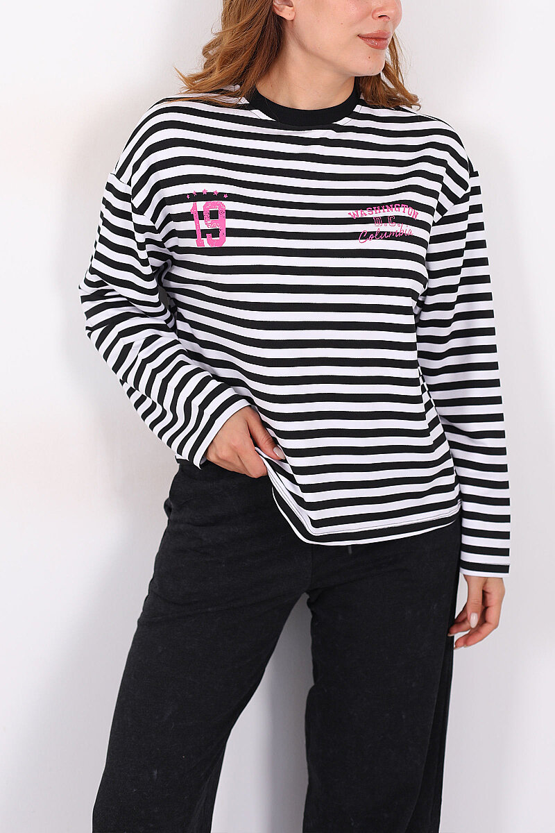 Çizgili Baskı Detaylı Siyah Kadın İki İp Sweatshirt - 2