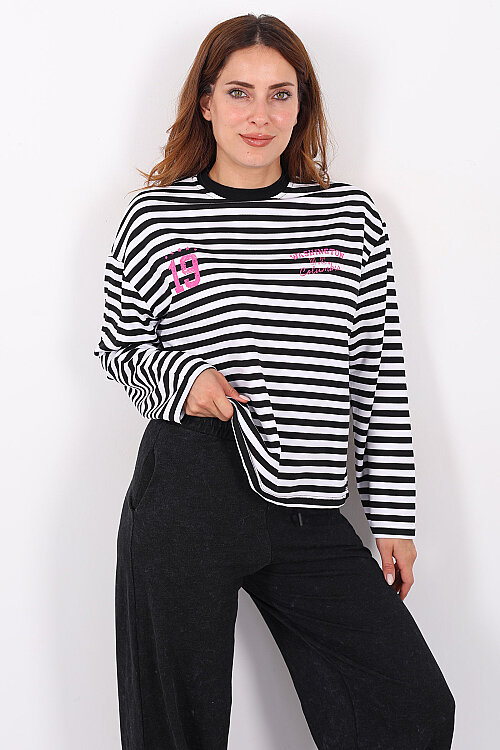 Çizgili Baskı Detaylı Siyah Kadın İki İp Sweatshirt - 5