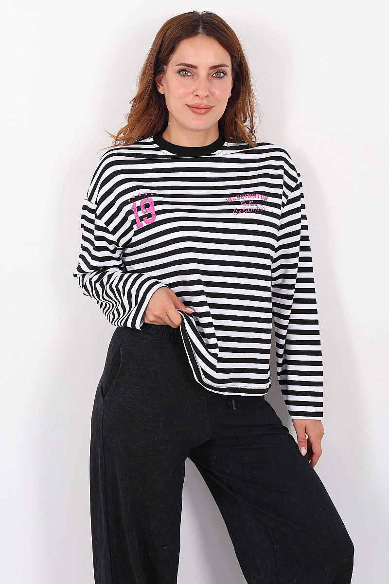 Çizgili Baskı Detaylı Siyah Kadın İki İp Sweatshirt - 5