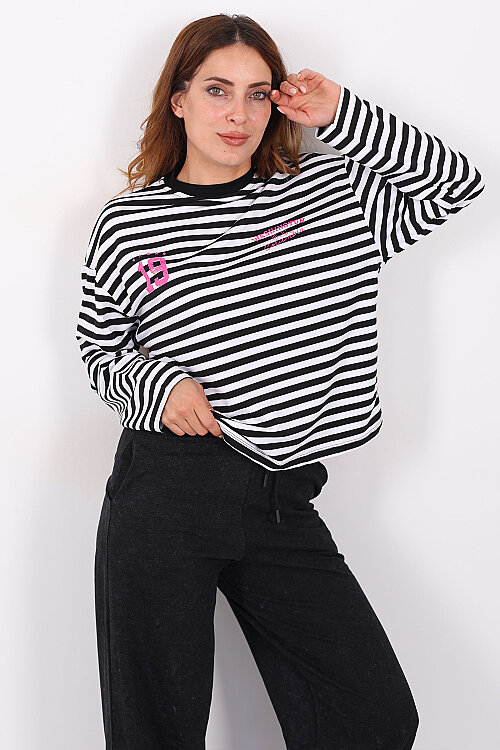 Çizgili Baskı Detaylı Siyah Kadın İki İp Sweatshirt - Berox