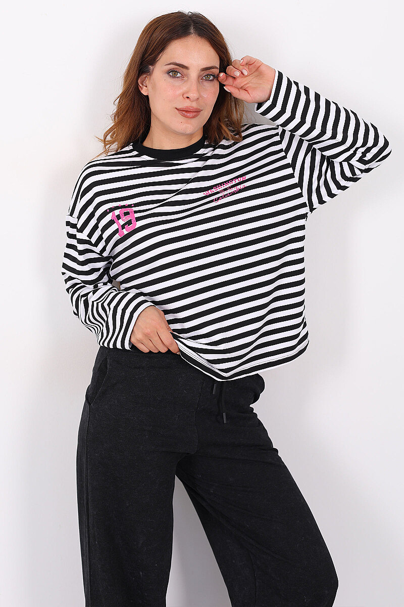 Çizgili Baskı Detaylı Siyah Kadın İki İp Sweatshirt - 1