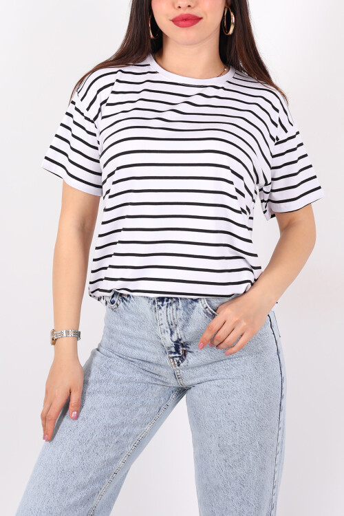 Çizgili Beyaz Kadın Oversize T-Shirt - 2