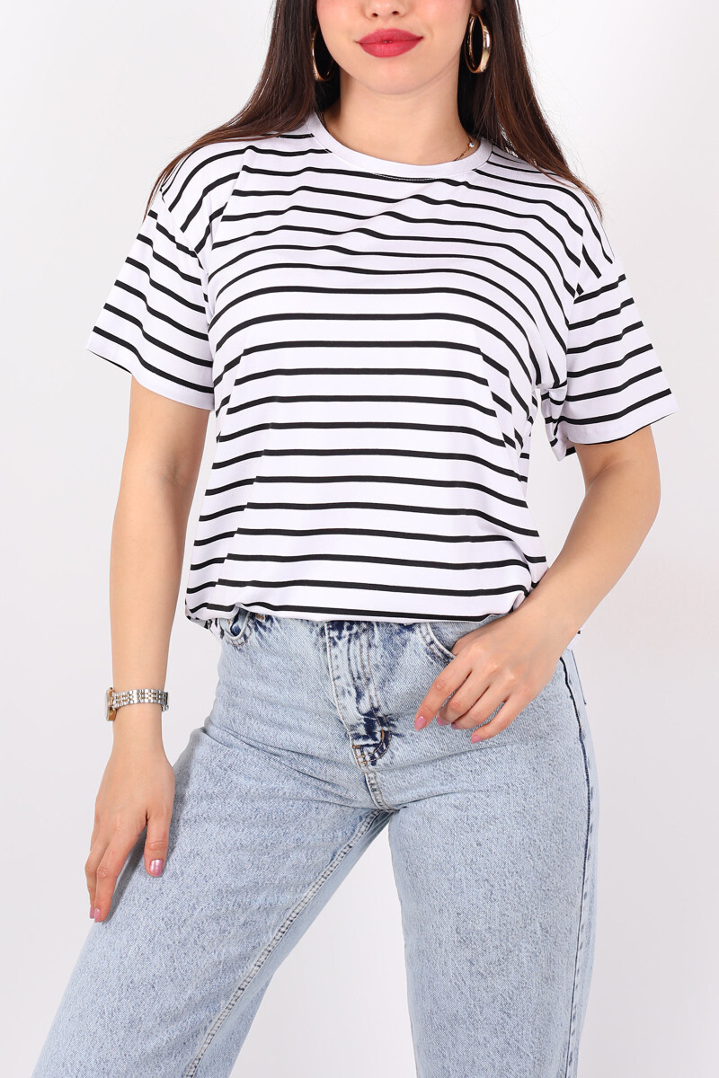 Çizgili Beyaz Kadın Oversize T-Shirt - 2