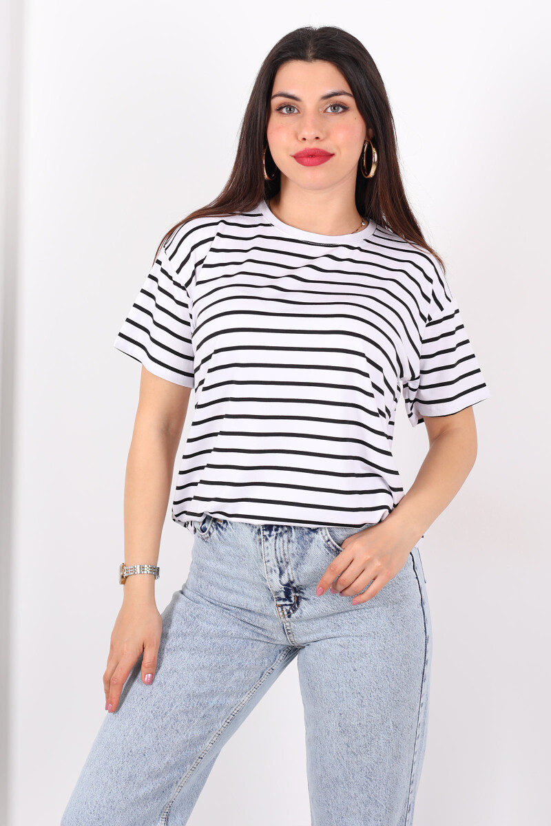Çizgili Beyaz Kadın Oversize T-Shirt - 1