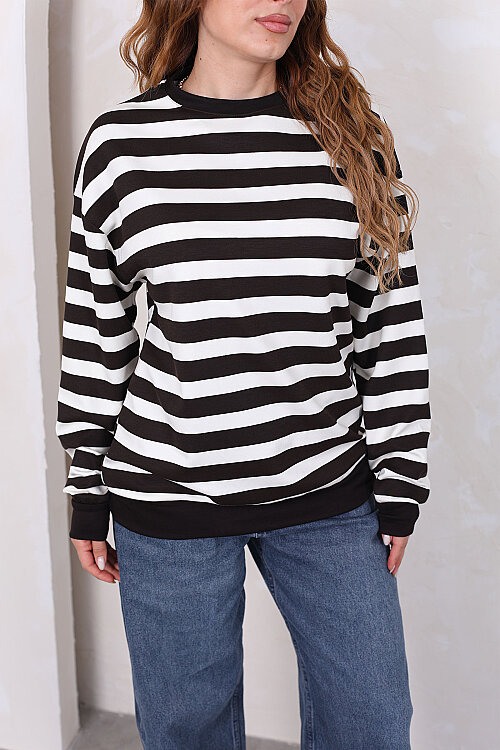 Çizgili Bisiklet Yaka Oversize Acı Kahve Kadın Sweatshirt - Berox (1)