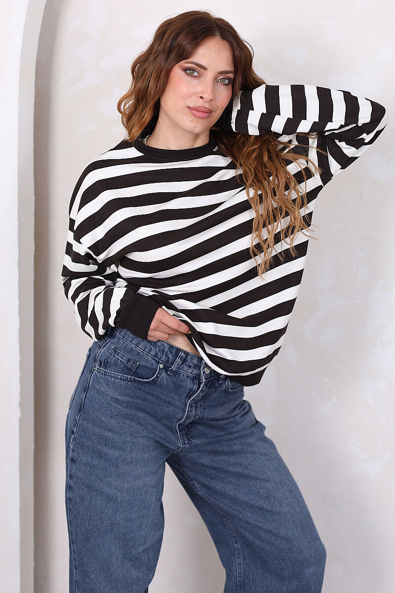 Çizgili Bisiklet Yaka Oversize Acı Kahve Kadın Sweatshirt - 1