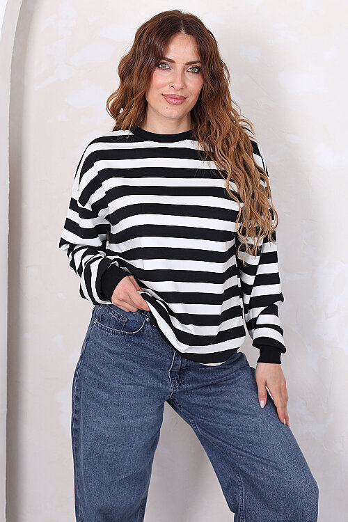 Çizgili Bisiklet Yaka Oversize Siyah Kadın Sweatshirt - 3