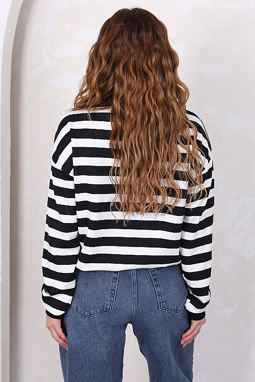 Çizgili Bisiklet Yaka Oversize Siyah Kadın Sweatshirt - Berox (1)