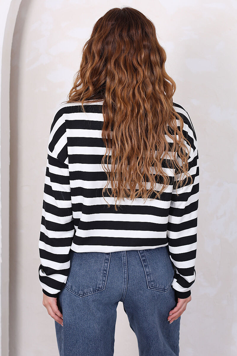Çizgili Bisiklet Yaka Oversize Siyah Kadın Sweatshirt - 2