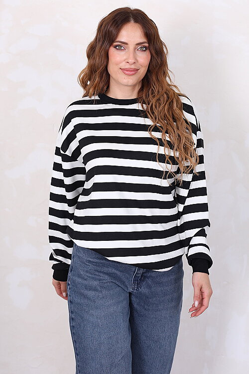 Çizgili Bisiklet Yaka Oversize Siyah Kadın Sweatshirt - 4