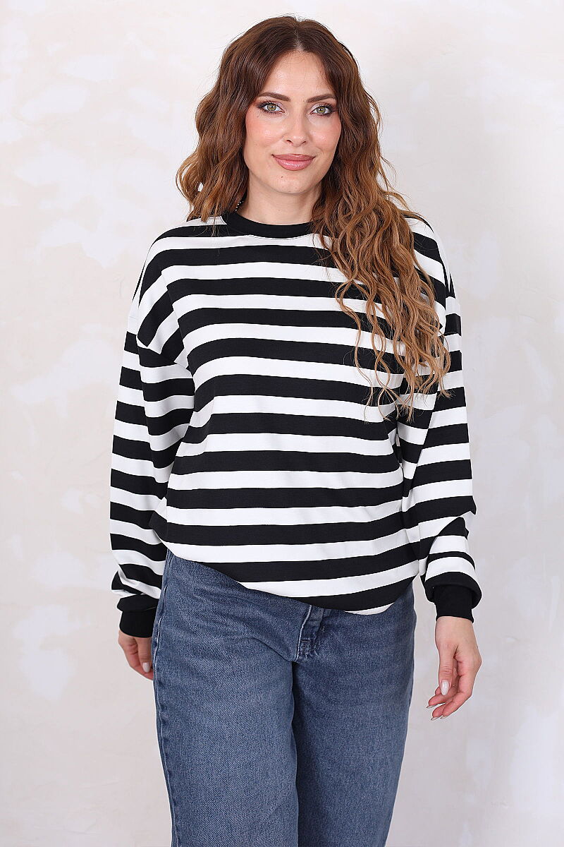 Çizgili Bisiklet Yaka Oversize Siyah Kadın Sweatshirt - 4