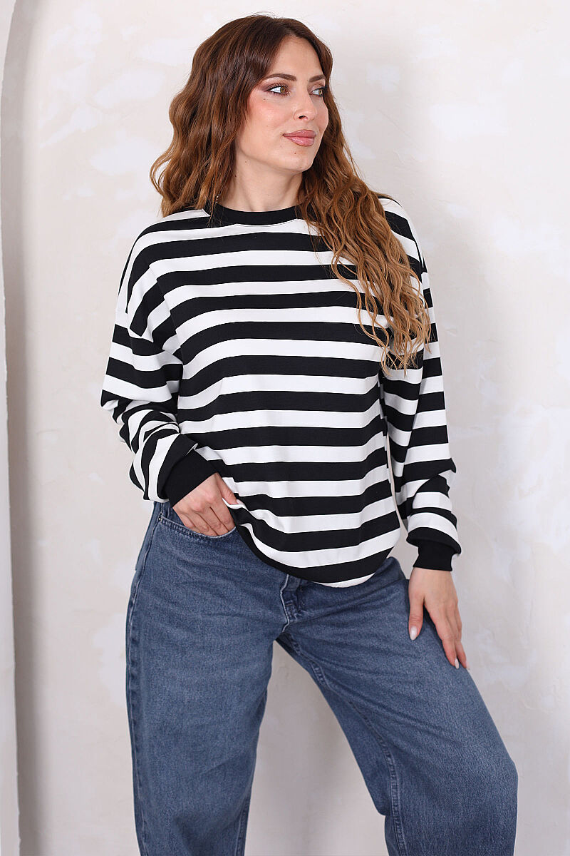Çizgili Bisiklet Yaka Oversize Siyah Kadın Sweatshirt - 1
