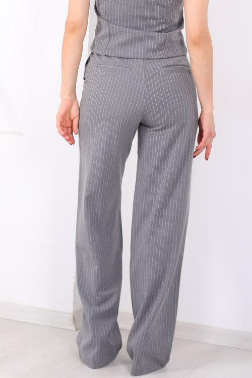 Çizgili Cep Detaylı Kadın Gri Palazzo Pantolon - 5