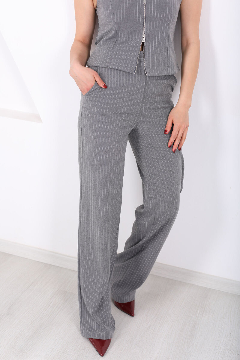 Çizgili Cep Detaylı Kadın Gri Palazzo Pantolon - 2