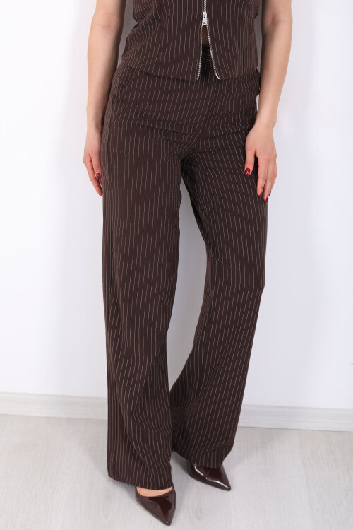 Çizgili Cep Detaylı Kadın Kahverengi Palazzo Pantolon - Berox (1)