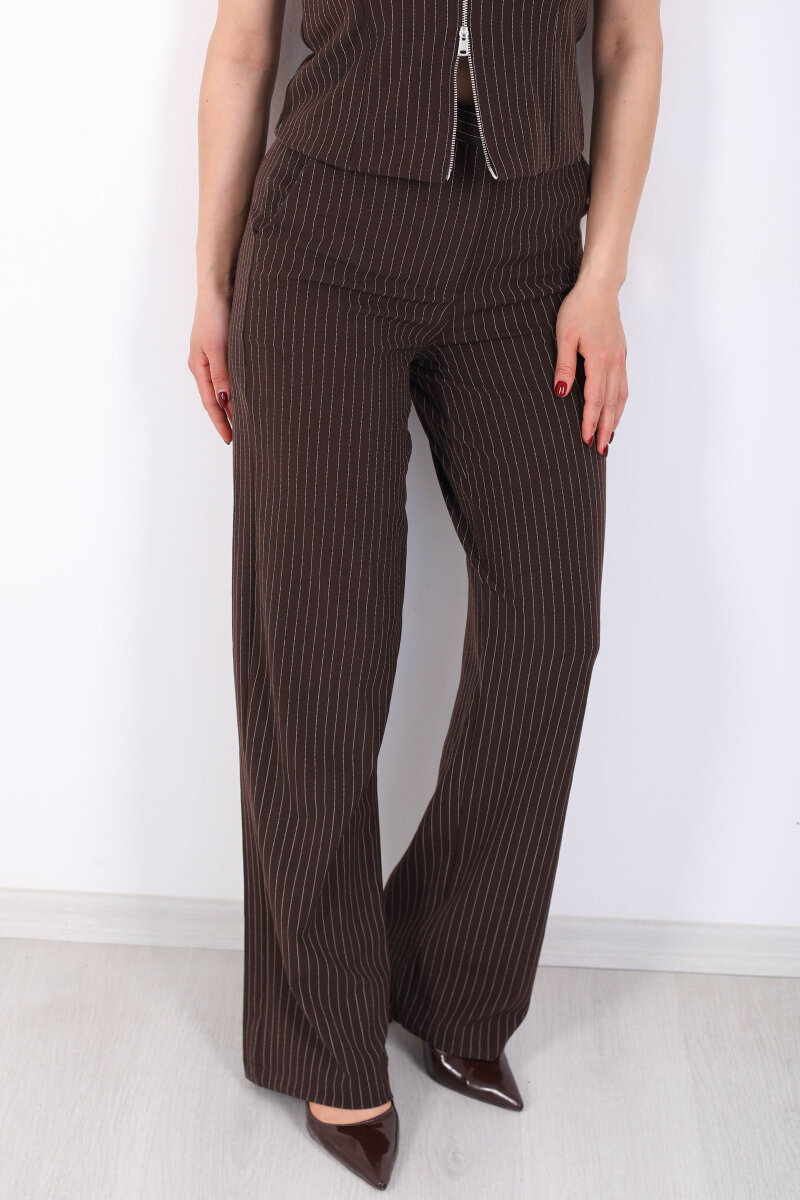 Çizgili Cep Detaylı Kadın Kahverengi Palazzo Pantolon - 2