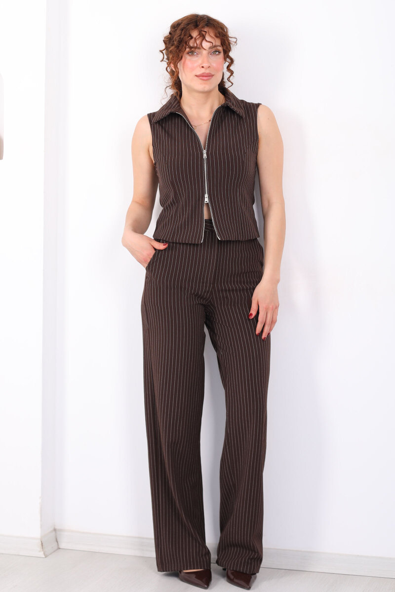 Çizgili Cep Detaylı Kadın Kahverengi Palazzo Pantolon - 3