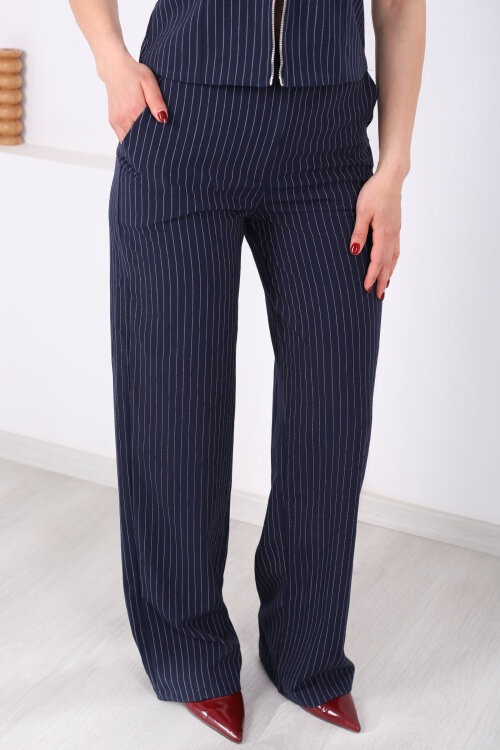 Çizgili Cep Detaylı Kadın Lacivert Palazzo Pantolon - Berox (1)