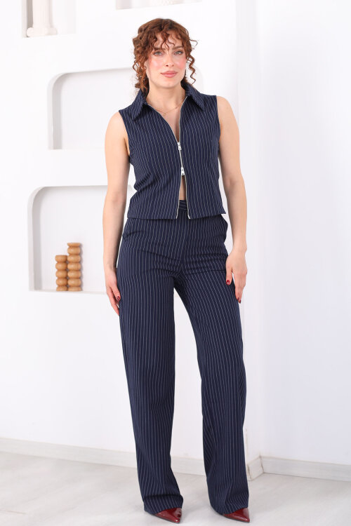 Çizgili Cep Detaylı Kadın Lacivert Palazzo Pantolon - 6