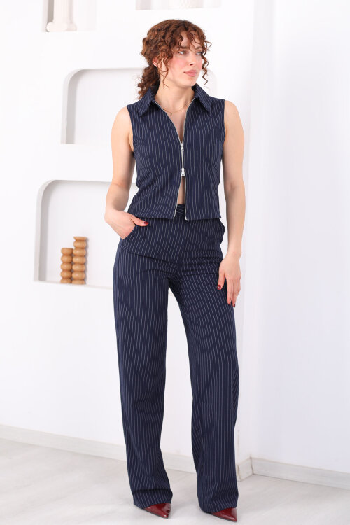 Çizgili Cep Detaylı Kadın Lacivert Palazzo Pantolon - 3