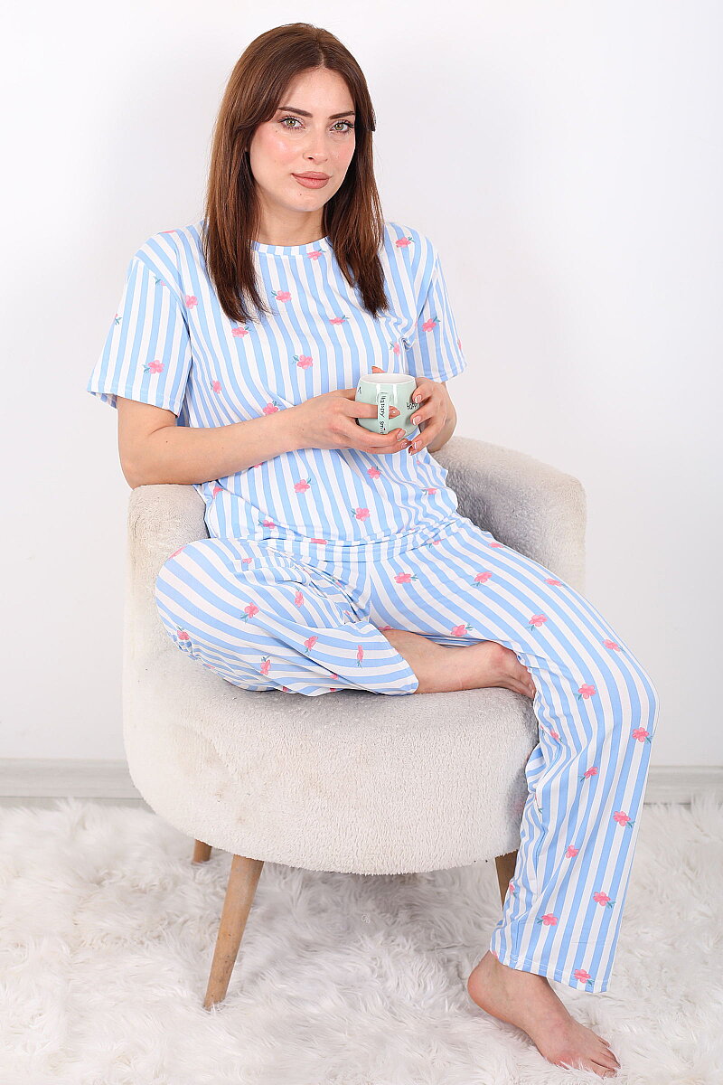 Çizgili Çiçekli Bisiklet Yaka Mavi Kadın Pijama Takımı - 6