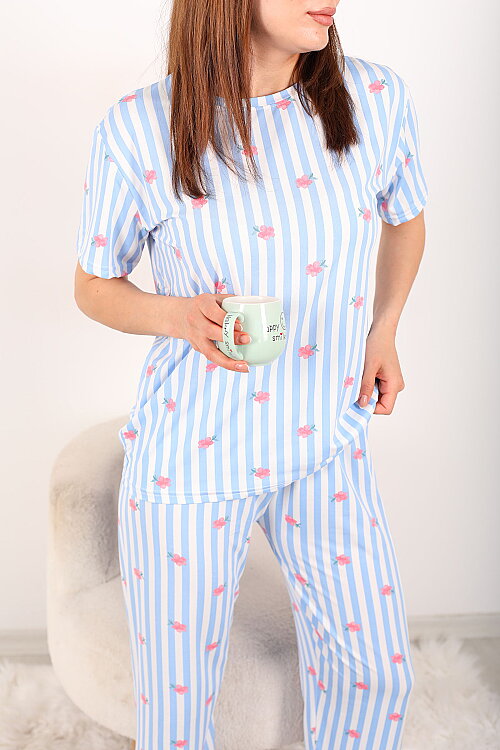 Çizgili Çiçekli Bisiklet Yaka Mavi Kadın Pijama Takımı - Berox (1)