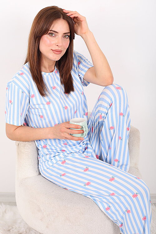 Çizgili Çiçekli Bisiklet Yaka Mavi Kadın Pijama Takımı - Berox