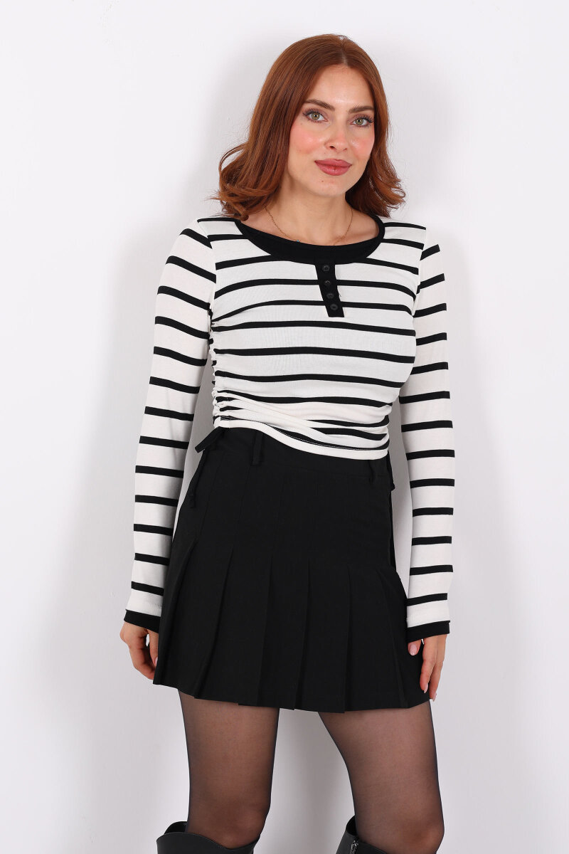 Çizgili Düğmeli Yandan Büzgülü Beyaz Kadın Body - 6