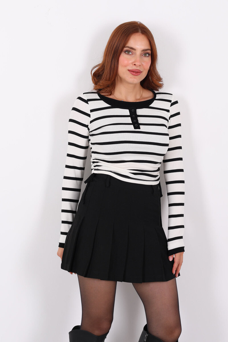 Çizgili Düğmeli Yandan Büzgülü Beyaz Kadın Body - 4