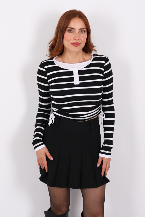 Çizgili Düğmeli Yandan Büzgülü Siyah Kadın Body - Berox